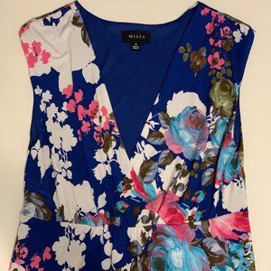 Tea Length Summer Dress Blue Floral Jersey Stretch